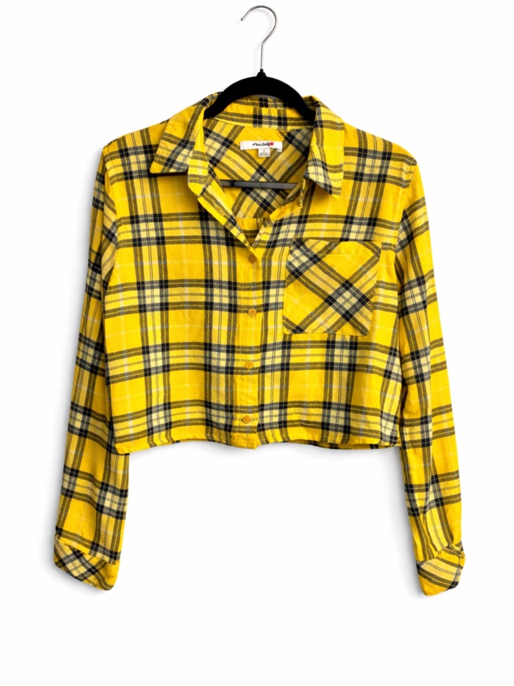 💛 Miss Selfie Yellow Plaid Cropped Button Front Shirt | Long Sleeve | L